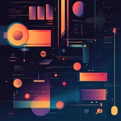 Poster - A vibrant abstract design featuring geometric shapes, circles, and lines in a mix of orange, blue, and purple tones against a dark background.