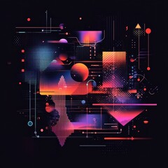 Poster - A vibrant abstract design featuring geometric shapes, circles, and lines in a mix of colors against a black background.