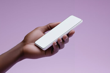 Poster - Smartphone in Hand. Mobile phone held in hand on purple background. Handheld device with blank screen