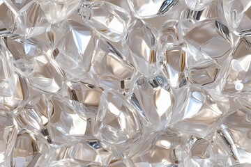 Wall Mural - Seamless Clear Quartz shiny, transparent ice cubes scattered on a light surface, reflecting light and creating a sparkling effect.