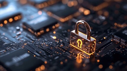 Poster - A glowing padlock sits on a dark circuit board, symbolizing digital security and protection in technology.
