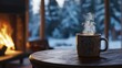 © tourinn - A steaming mug of coffee sits on a wooden table in front of a fireplace and snowy window.