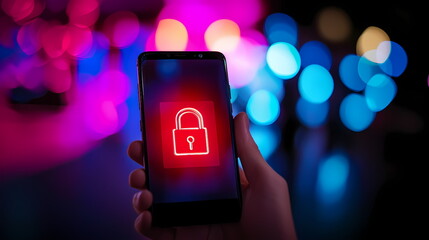 Poster - Hand holding smartphone showing red padlock icon symbolizing security