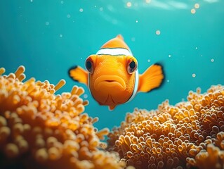 Clownfish swimming amidst colorful anemones in vibrant coral reef underwater scene marine environment