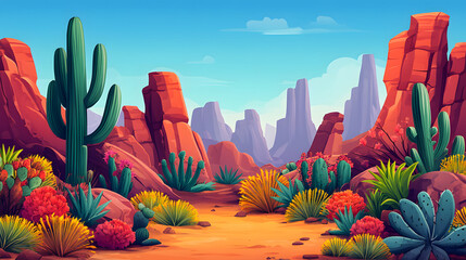 Poster - Vibrant desert landscape featuring cacti and colorful vegetation