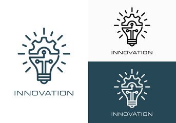 innovation icon design logo. light bulb and gears inside. inspiration icon in simple design line sty