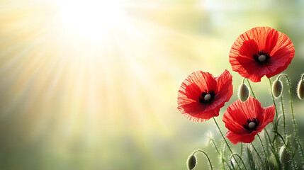Poster - Vibrant red poppies basking in sunlight against a soft green backdrop