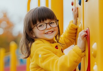 Wall Mural - A cute girl with special needs, wearing glasses and dressed in yellow is climbing on the playground wall smiling happily