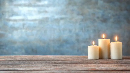 Wall Mural - Candlelit ambiance with three lit candles on wooden table