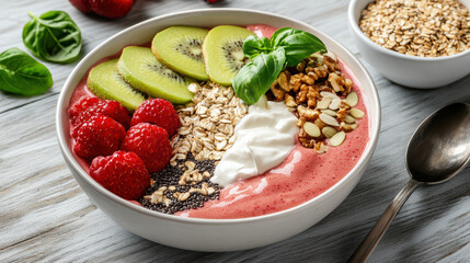 Wall Mural - Delicious smoothie bowl topped with fruits, nuts, and seeds for healthy breakfast