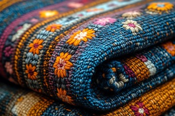 Canvas Print - Close-up of a beautifully patterned rolled textile showcasing vibrant colors and intricate embroidery