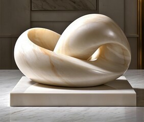 Poster - 3D Render Beige Elegant Abstract Marble Sculpture with smooth, fluid curves and intricate design, placed on a polished stone base in a sophisticated interior setting with warm lighting reflections.