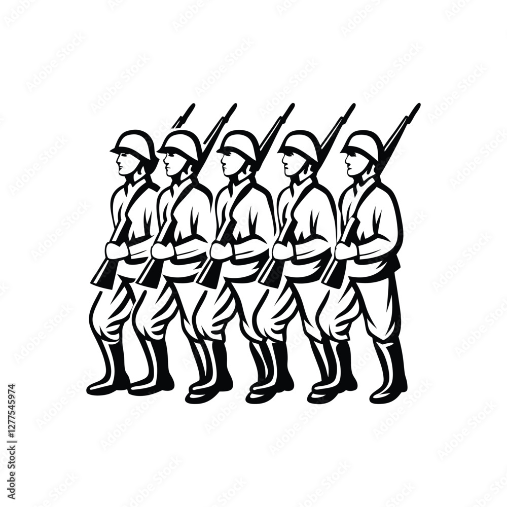 Marching Rifle Cartoon soldiers marching in formation, each carrying a rifle in a ...