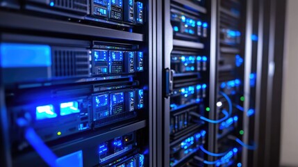 Aufkleber - Close-up of data servers with glowing blue LED lights and network cables, representing cloud computing, cybersecurity, and IT infrastructure. Ideal for technology and networking themes