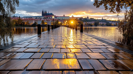 Wall Mural - stunning sunrise over Prague historic skyline reflects on water