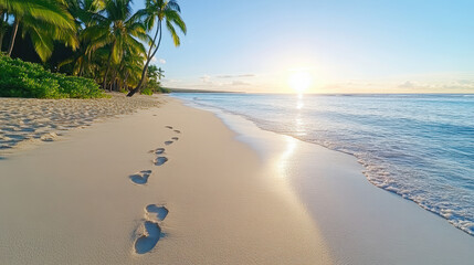 Wall Mural - serene morning walk along sandy beach with gentle waves and footprints