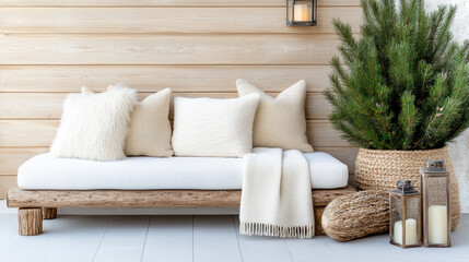 Wall Mural - Cozy Nordic inspired outdoor seating area with soft pillows and greenery