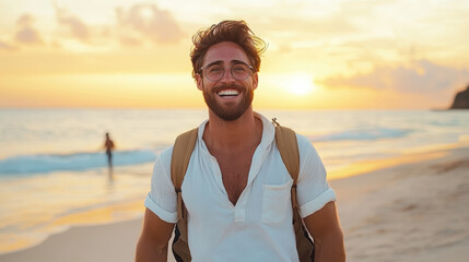 joyful man smiling on beach at sunset, with waves in background