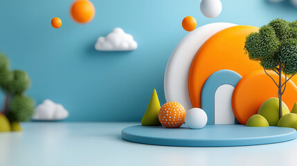 Aufkleber - colorful abstract scene with geometric shapes and trees on blue background. composition includes spheres, arches, and clouds, creating playful and modern design