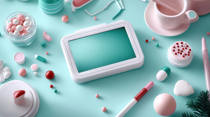 Poster - modern medical diagnostic device is surrounded by various pills, capsules, and medical tools on pastel surface, creating futuristic and organized healthcare setting