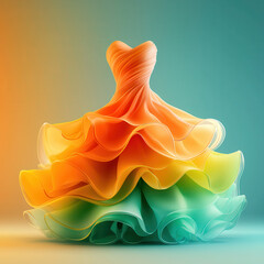 Aufkleber - luxurious 3D rendered gown with vibrant orange, yellow, and green layers, showcasing flat design and elegant style. dress is set against gradient background, highlighting its intricate details