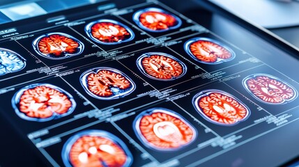 Poster - A collection of brain MRI scans displayed on a digital screen, showcasing various brain images with distinct colors and patterns.