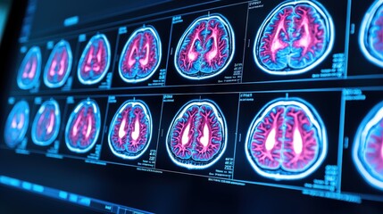 Poster - A series of brain scans displayed on a digital monitor, showcasing intricate details of neural structures with vibrant colors.