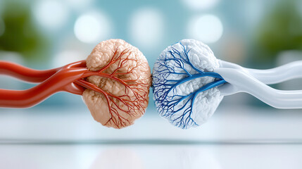 Poster - conceptual image of two brains connected by blood vessels, one natural and one AI optimized, symbolizing comparison between human intelligence and artificial intelligence