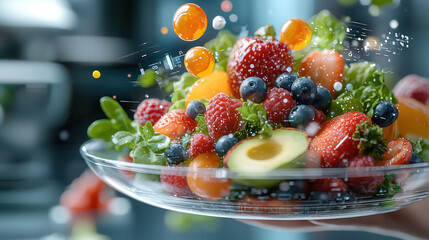 Poster - vibrant holographic display of healthy food, featuring fresh fruits and vegetables with real time vitamin information