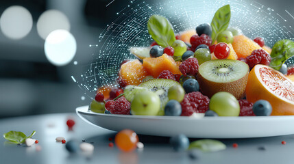 Poster - vibrant display of fresh fruits including kiwi, berries, and citrus is enhanced by holographic overlay, suggesting real time nutritional information. scene is colorful and futuristic