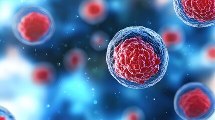 Poster - Vibrant, close-up view of biological cells with red centers, showcasing their intricate structure against a blue background.