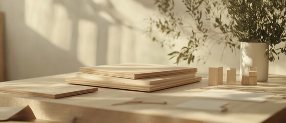 Poster - A serene workspace featuring stacked wooden boards and minimalist decor, bathed in soft sunlight with greenery in the background