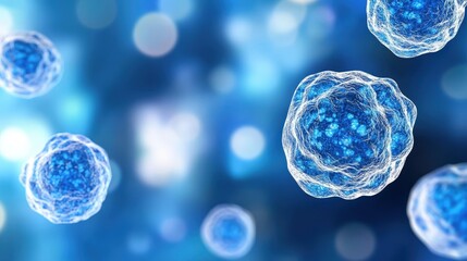 Poster - The image depicts a close-up view of blue cells floating in a vibrant, abstract background, emphasizing cellular structures and biological themes.