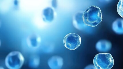 Poster - A vibrant microscopic view of blue cells suspended in a luminous environment, showcasing the beauty of cellular structures.