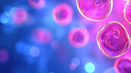 Poster - A vibrant close-up of colorful cells floating in a dreamy background, representing biological structures and processes.
