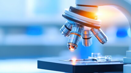 Poster - A close-up view of a microscope, focusing on the objective lenses and stage, set in a laboratory environment with a blue background.