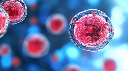 Poster - A vibrant depiction of microscopic cells with red centers, set against a blue background, illustrating the complexity of cellular structures.