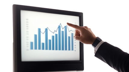 Poster - A close-up of a business person's hand pointing at a graph displayed on a computer screen, illustrating financial growth and data analysis.