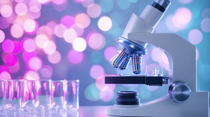 Poster - A modern microscope is positioned beside glass test tubes, with a colorful, blurred background creating a vibrant, scientific atmosphere.