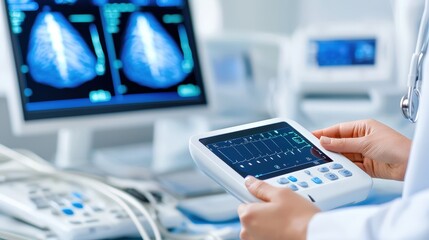 Poster - A healthcare professional operates medical equipment while reviewing mammogram images, highlighting the importance of breast cancer screening and diagnostics.