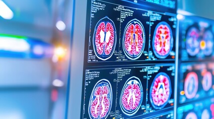 Poster - A series of colorful brain scans displayed on a monitor in a medical setting, showcasing intricate neural structures and highlighting brain health.