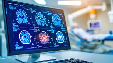 Poster - A computer screen displays medical brain scans in a clinical setting, with a patient in the background, highlighting advanced imaging technology.