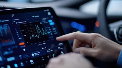 Poster - A person interacts with a touchscreen display in a vehicle, showcasing data analytics and graphical information in a modern dashboard setting.