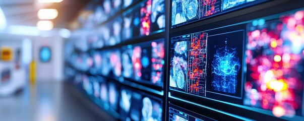 Poster - A high-tech display wall shows vibrant, detailed images, likely related to medical imaging or data visualization in a modern facility.