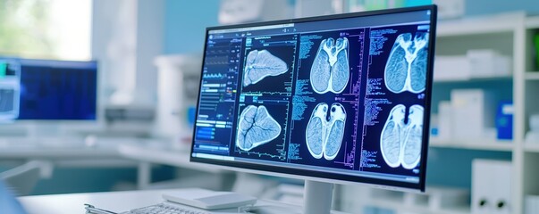 Poster - A modern medical workstation displays detailed brain and spinal scans on a large monitor, highlighting advanced imaging technology in a clinical setting.