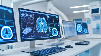 Poster - The image shows multiple computer monitors displaying brain scans in a medical setting, highlighting advanced imaging technology and healthcare diagnostics.
