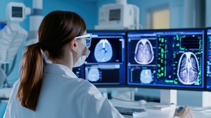 Poster - A healthcare professional analyzes medical images on multiple monitors in a modern clinical setting.