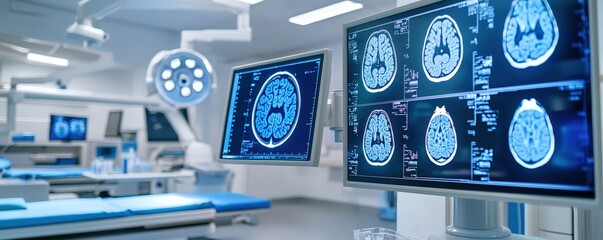 Poster - A modern medical examination room featuring advanced brain scans displayed on screens, highlighting a focus on neurology and patient care.