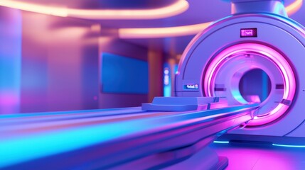 Poster - A futuristic MRI scanner with vibrant neon lights, showcasing advanced medical imaging technology in a modern healthcare environment.
