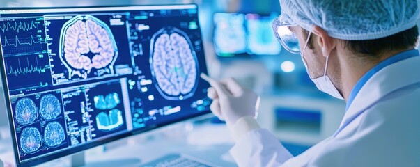 Poster - A medical professional analyzes brain scans on a computer screen, showcasing advanced imaging technology in a clinical environment.